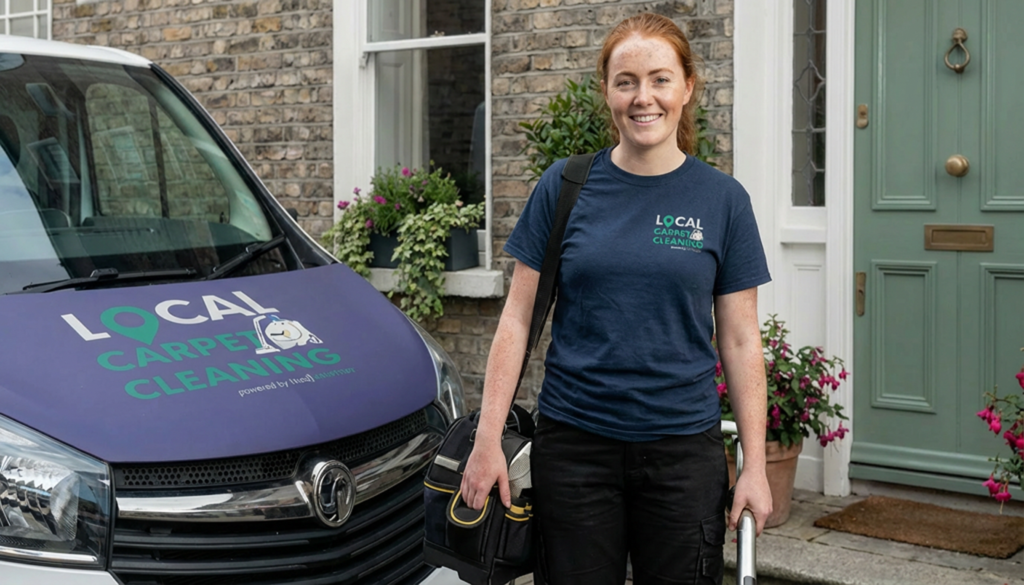 Local Carpet Cleaning uniformed female staff member carrying cleaning machines and equipement from Local Carpet Cleaning branded van into a customer house in Mullingar